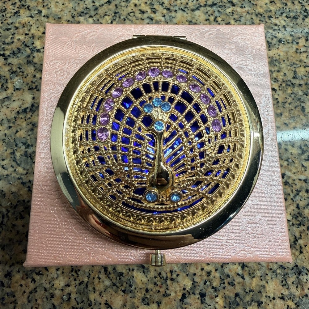 Peacock Rhinestone 3D Jeweled Gold Compact Mirror Dual Sided Round Purse Travel